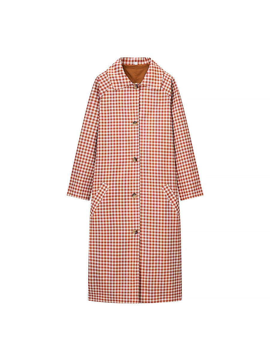 French Retro Plaid Lapel Trench Coat