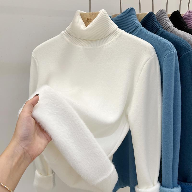 High Collar Fleece Lined Long Sleeve Knitted Sweater