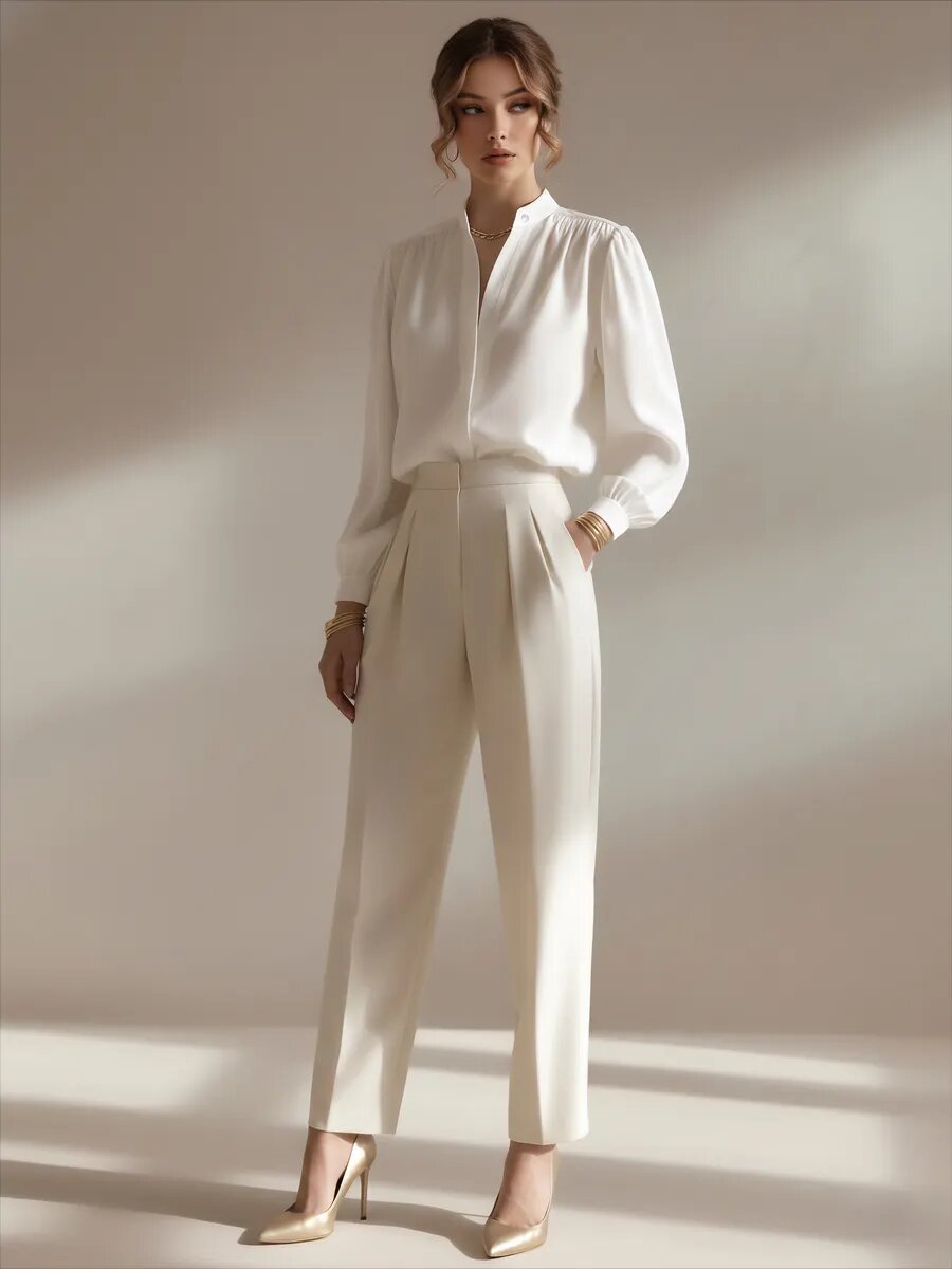 Satin Shirt Stand Collar Lantern Sleeve