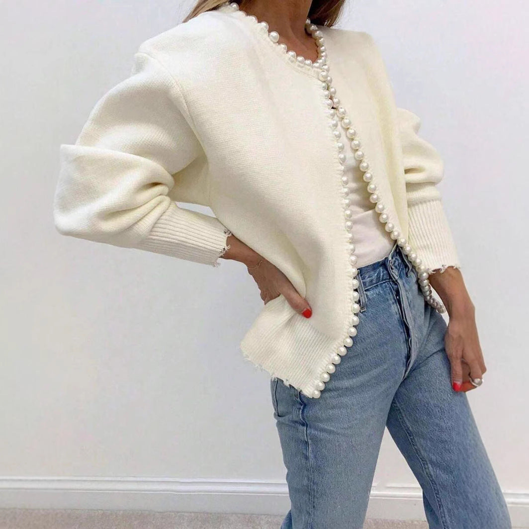 Round Neck Pearl Trim Cardigan Knit Sweater