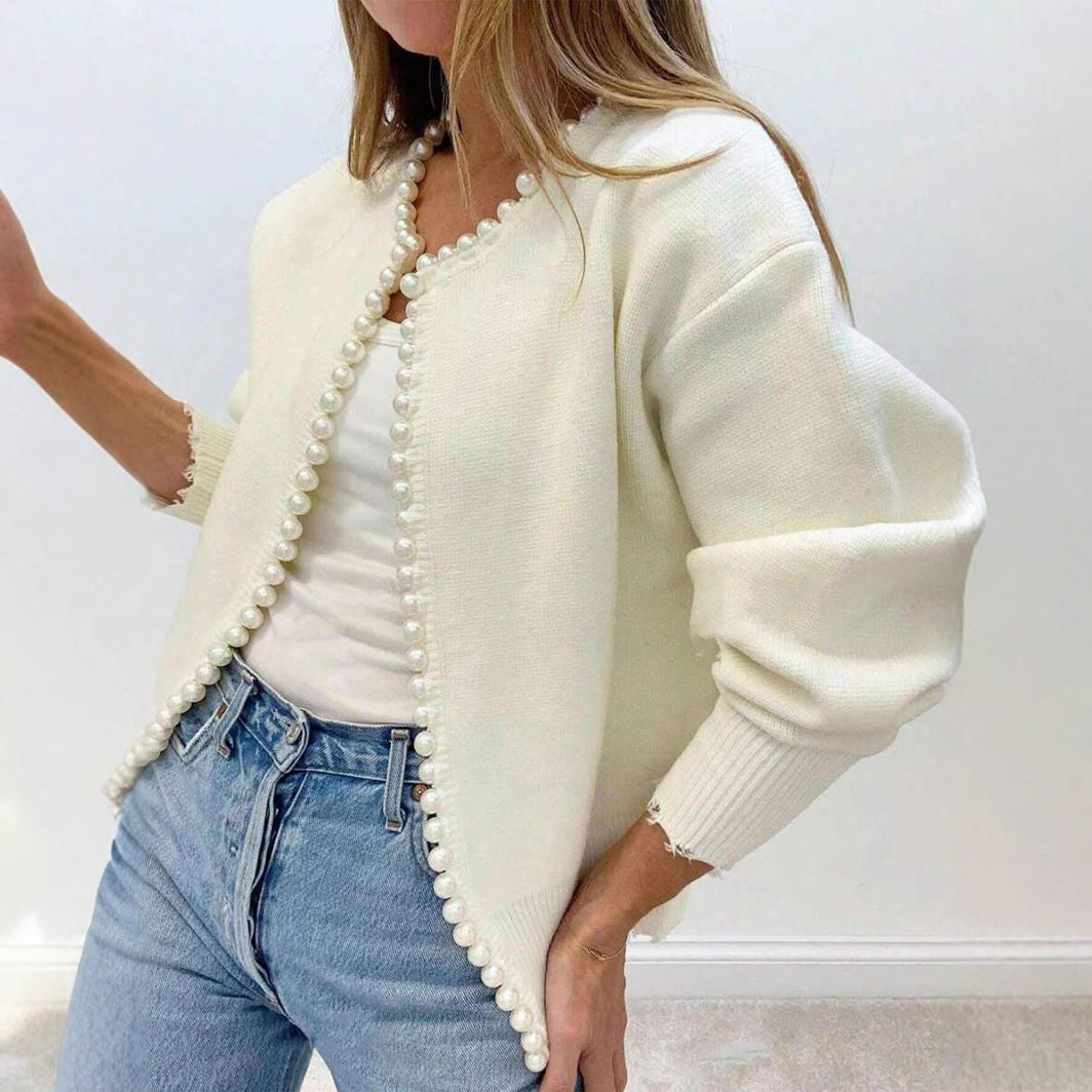 Round Neck Pearl Trim Cardigan Knit Sweater
