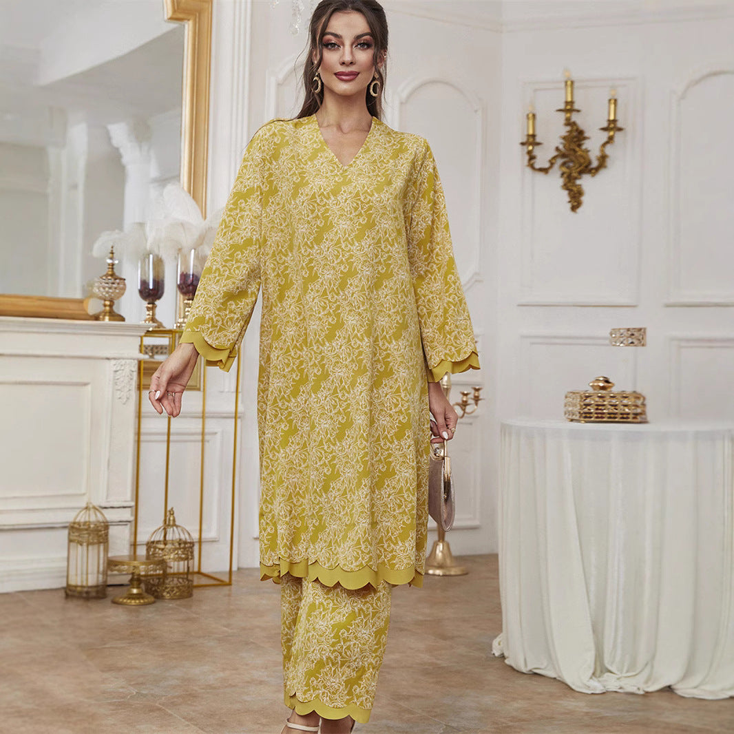 Elegant Floral Print Abaya Dress Set