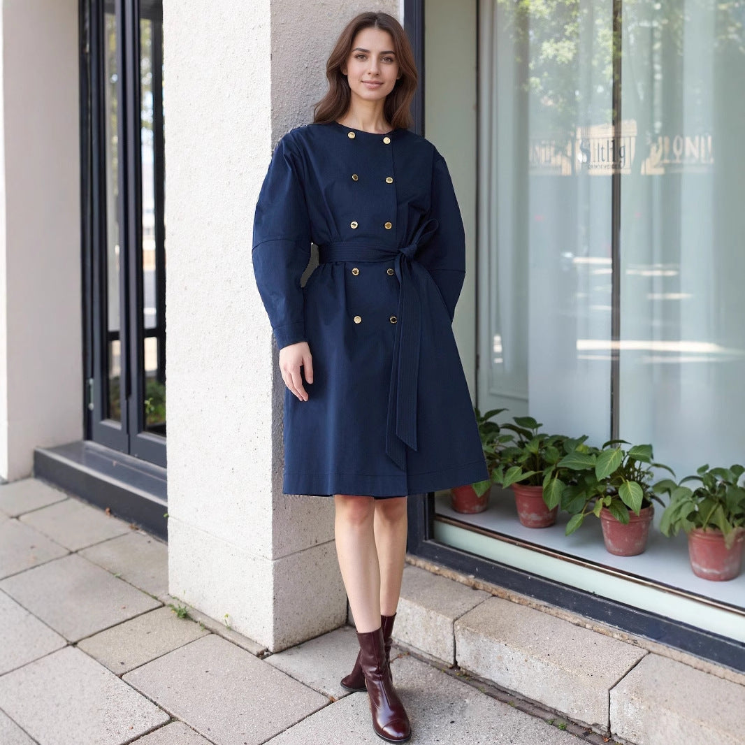 Round-Neck Double-Row Metal Buckle Decorative Belt Trench Coat