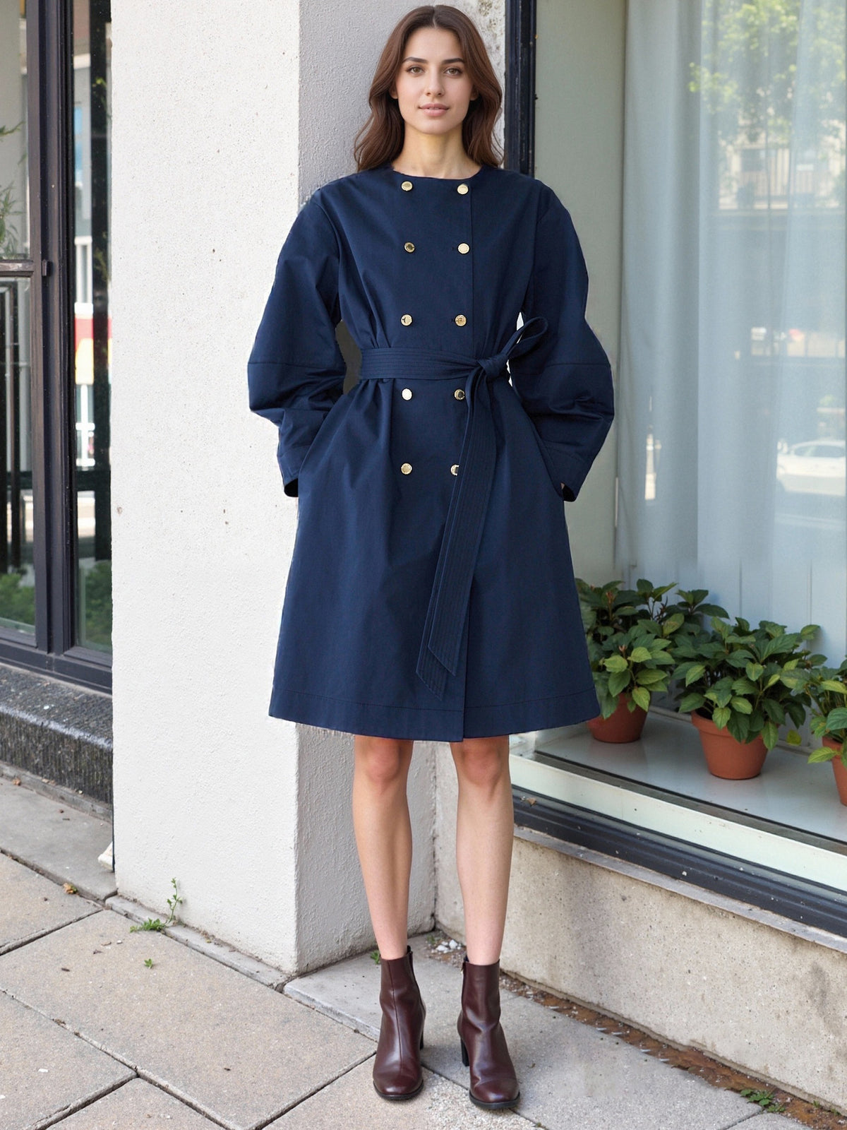 Round-Neck Double-Row Metal Buckle Decorative Belt Trench Coat