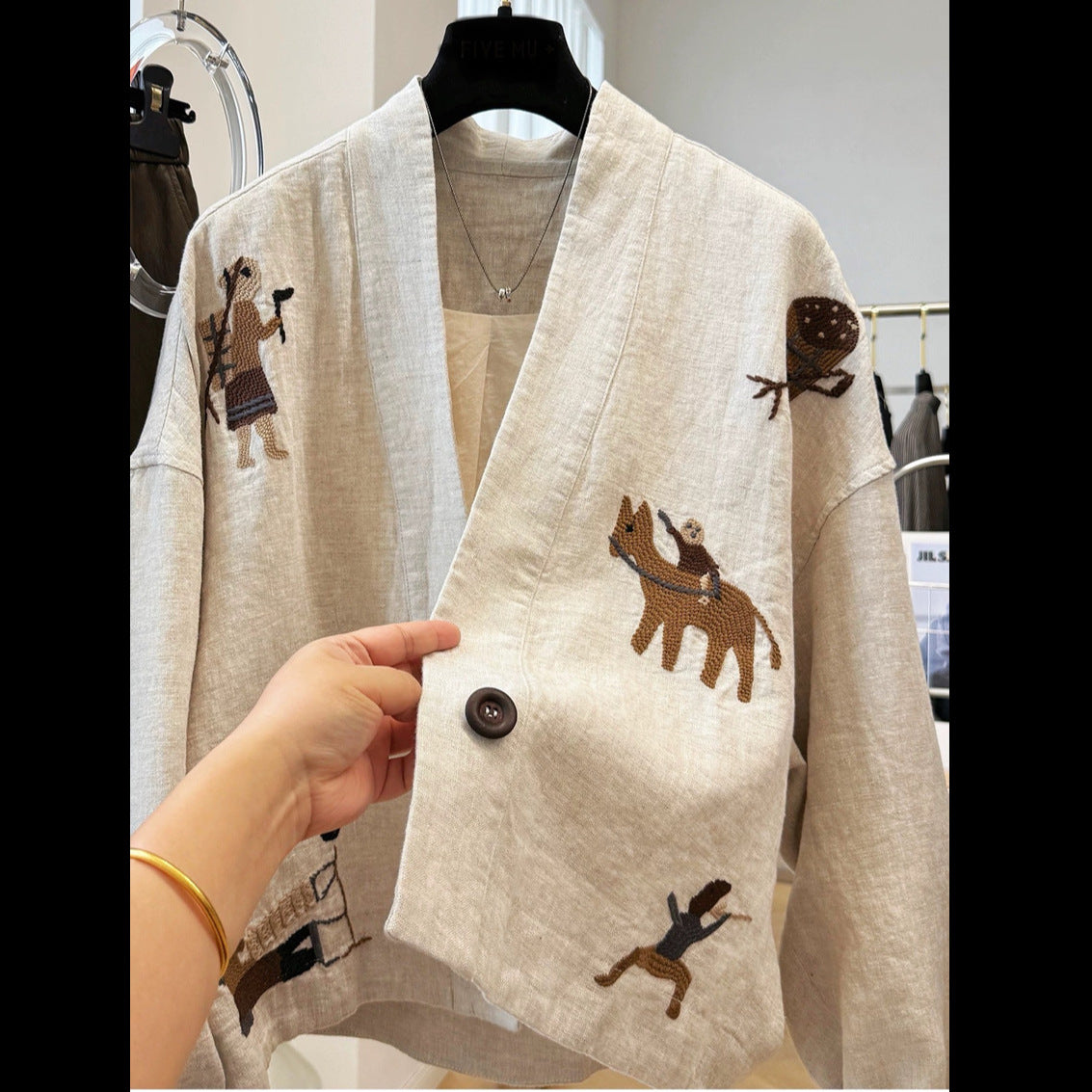 Embroidered V-Neck Cotton Jacket
