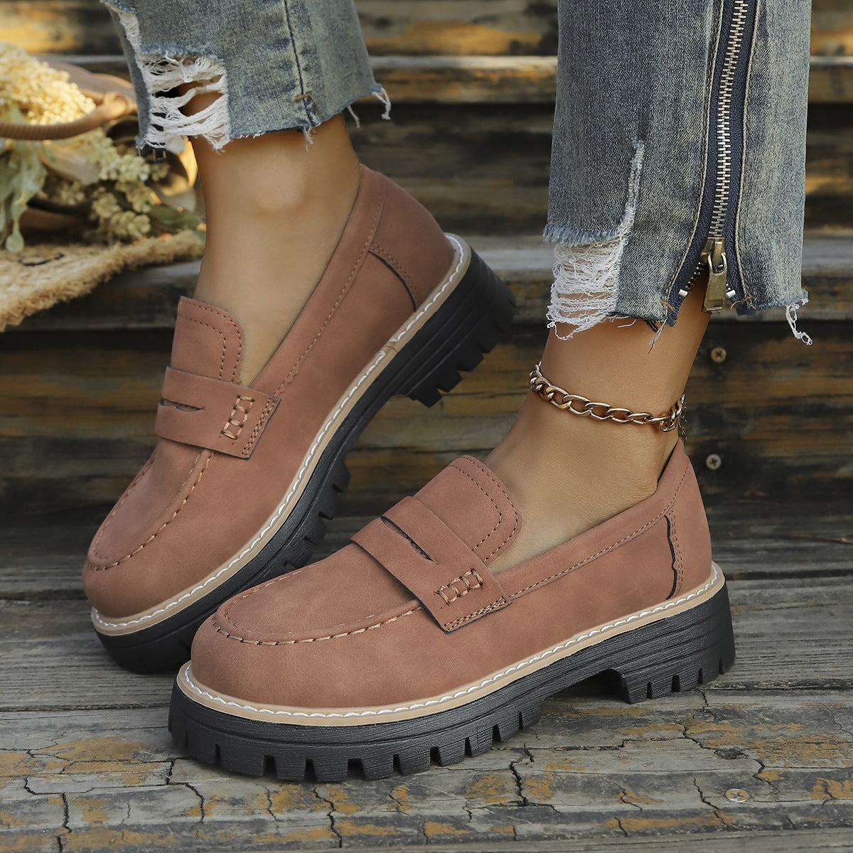 Casual British Style Women Loafers Thick Sole Slip On Shoes