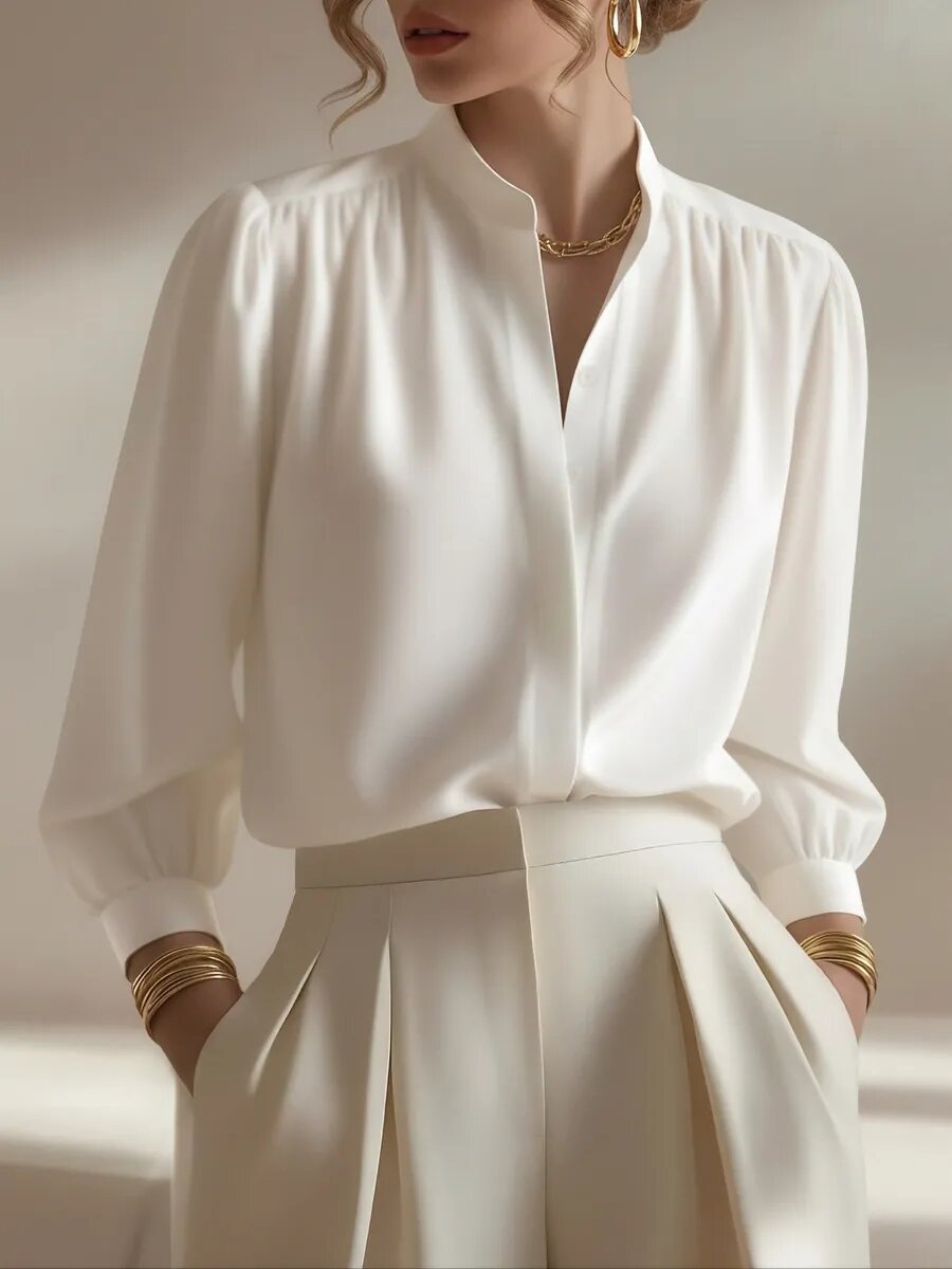 Satin Shirt Stand Collar Lantern Sleeve