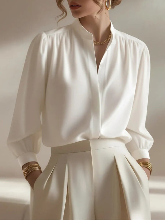 Satin Shirt Stand Collar Lantern Sleeve
