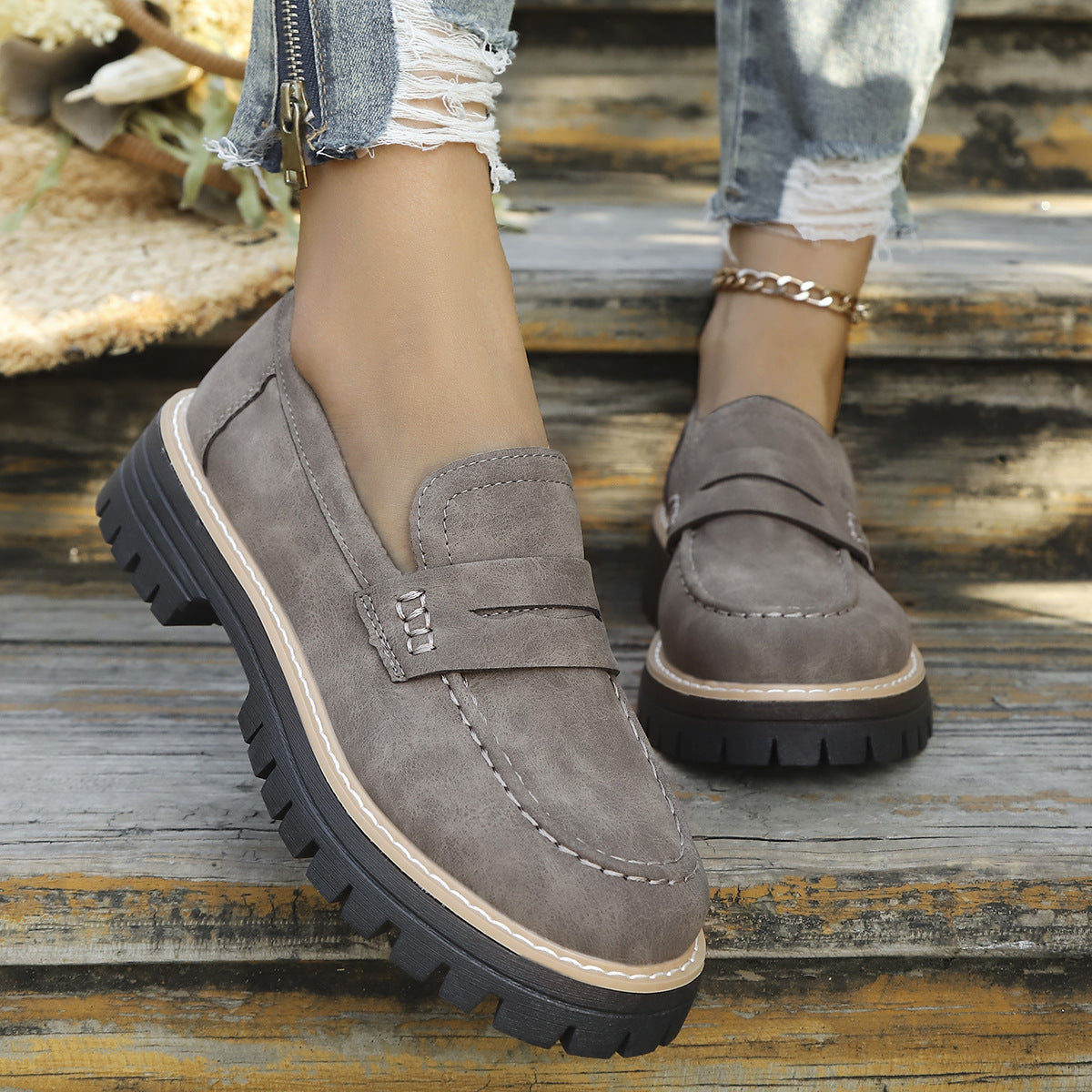 Casual British Style Women Loafers Thick Sole Slip On Shoes