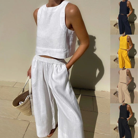 Casual loose solid color sleeveless shirt and trousers