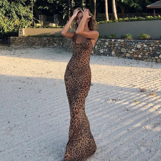 Women's Leopard Print Open Back Long Dress
