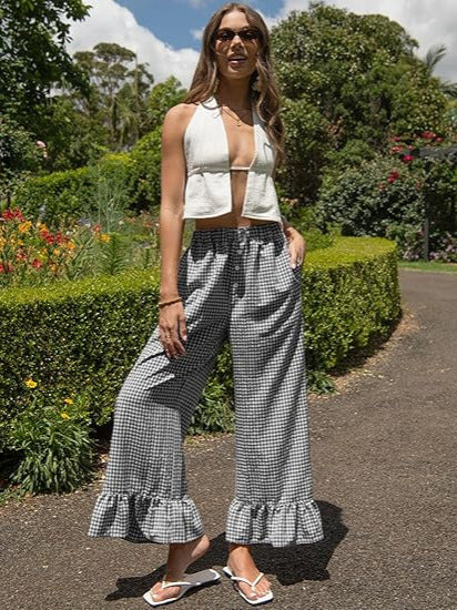 High Waist Plaid Wide Leg Pants