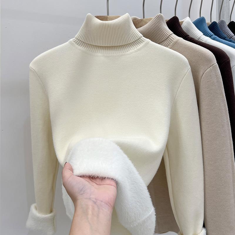 High Collar Fleece Lined Long Sleeve Knitted Sweater
