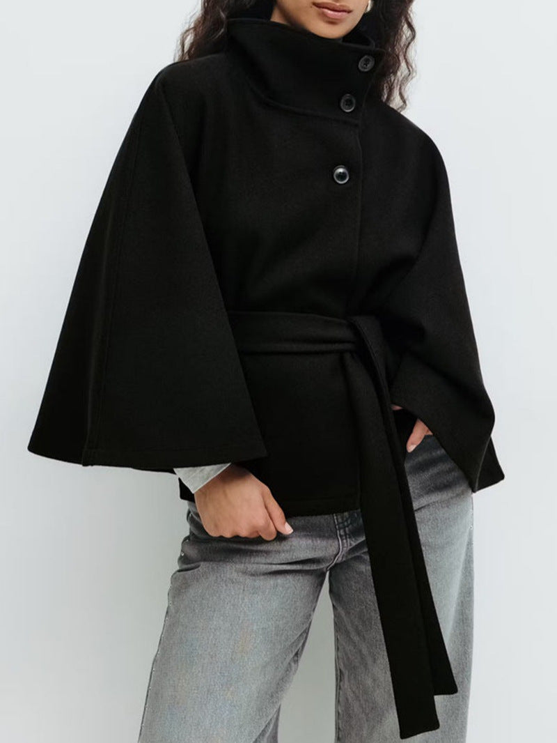 Women's Stand Collar Button Belt Windbreaker Jacket