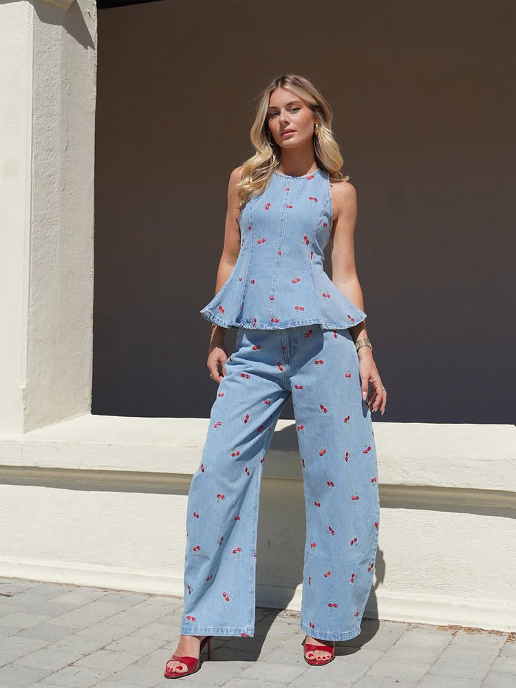 Printed Halter Neck Tank Top and Wide-Leg Jeans Set