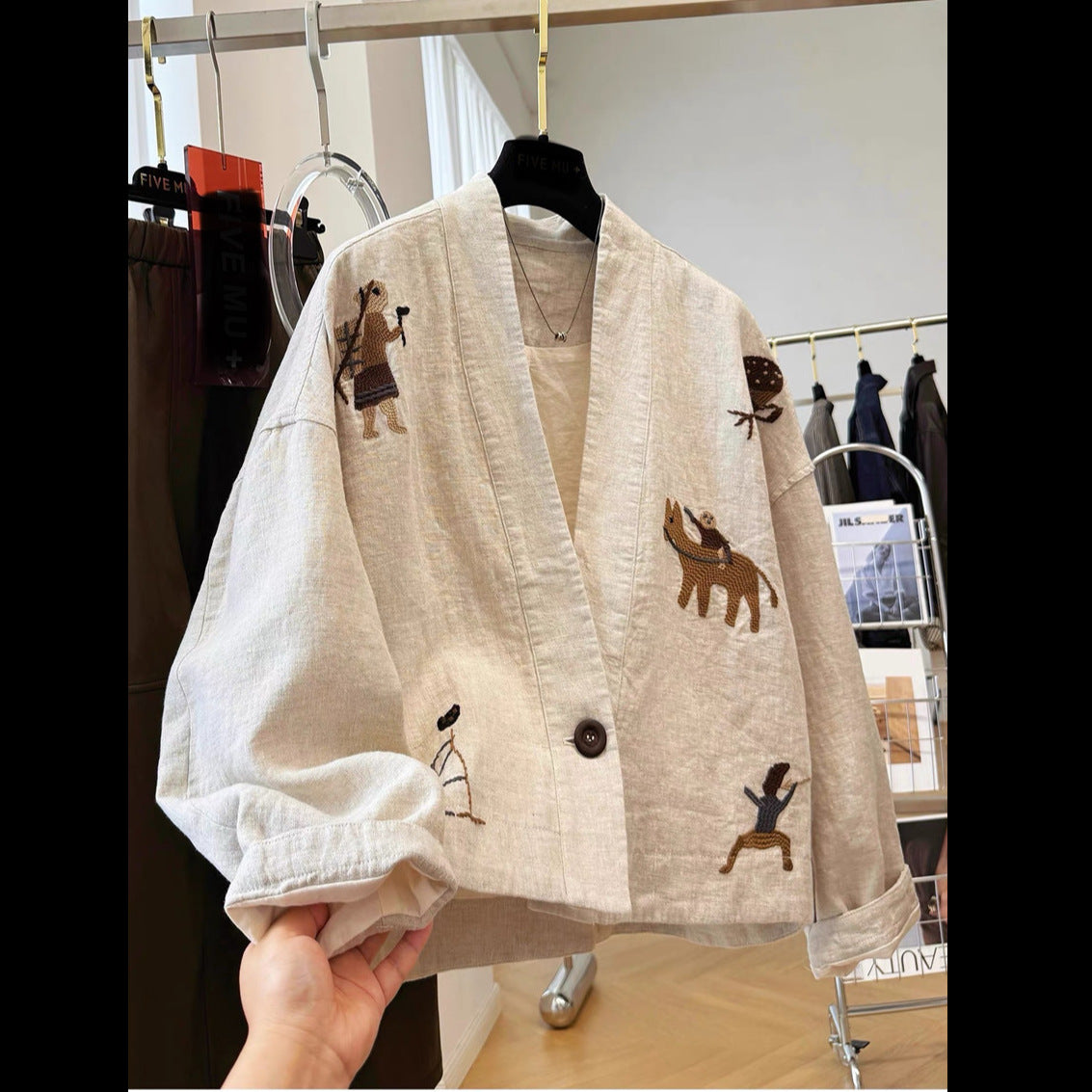 Embroidered V-Neck Cotton Jacket