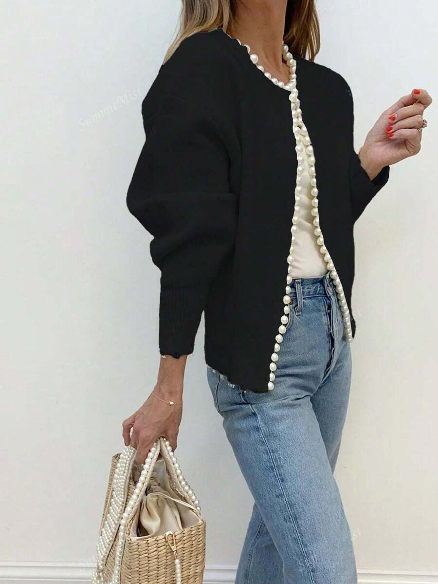 Round Neck Pearl Trim Cardigan Knit Sweater