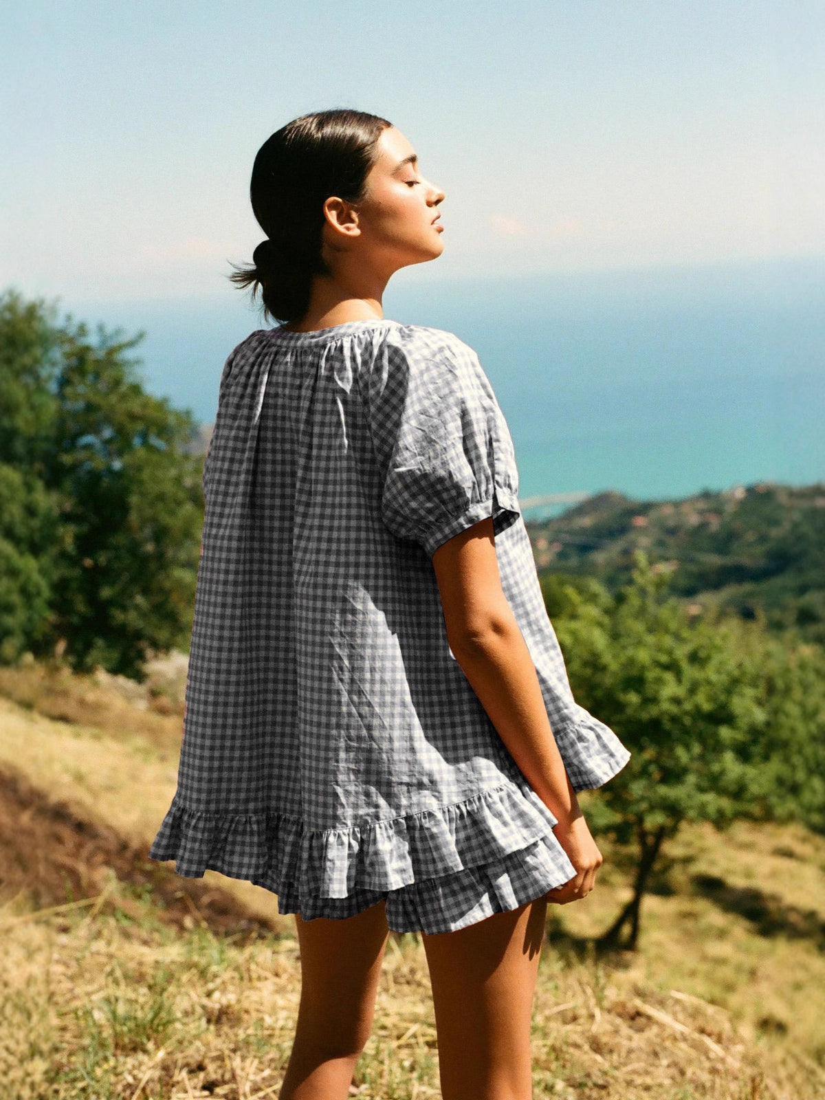 Womens Plaid Pajama Set with Ruffle Detail