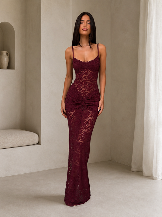 Womens Lace Slit Spaghetti Strap Dress