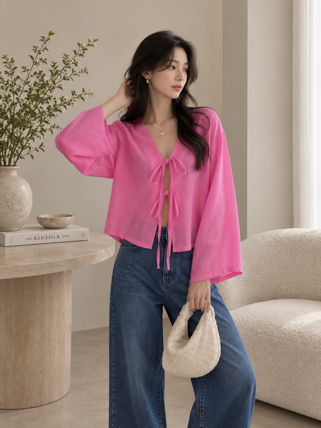 V-neck tie solid color stylish commuter shirt for women