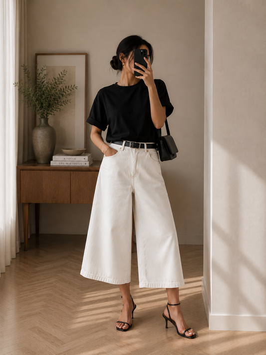 Womens High Waist Wide Leg Cropped Jeans